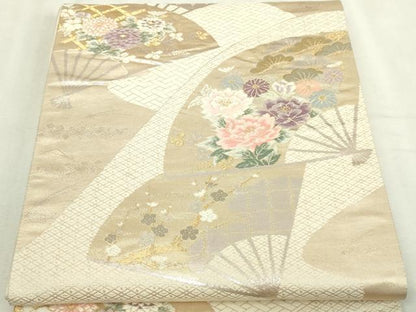平和屋本店▼六通柄袋帯　唐織　扇面草花文　弐捨四金二重織　正絹　逸品　DABI4595sf