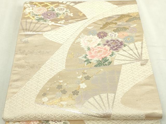 平和屋本店▼六通柄袋帯　唐織　扇面草花文　弐捨四金二重織　正絹　逸品　DABI4595sf