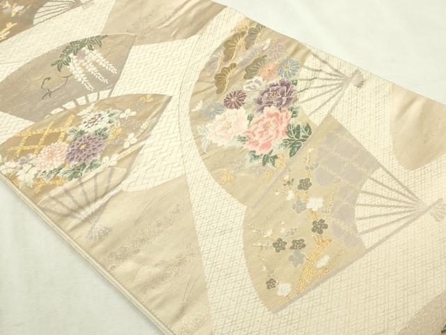 平和屋本店▼六通柄袋帯　唐織　扇面草花文　弐捨四金二重織　正絹　逸品　DABI4595sf