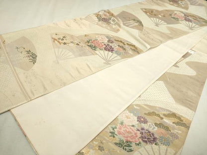 平和屋本店▼六通柄袋帯　唐織　扇面草花文　弐捨四金二重織　正絹　逸品　DABI4595sf