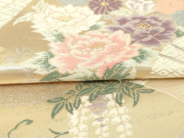 平和屋本店▼六通柄袋帯　唐織　扇面草花文　弐捨四金二重織　正絹　逸品　DABI4595sf