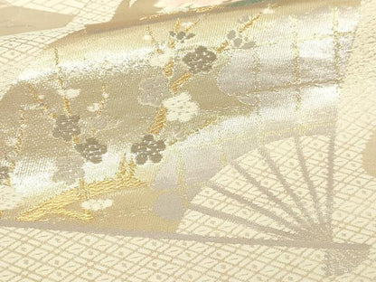 平和屋本店▼六通柄袋帯　唐織　扇面草花文　弐捨四金二重織　正絹　逸品　DABI4595sf
