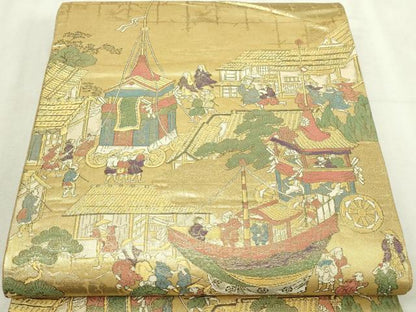 平和屋本店▼六通柄袋帯　祇園巡行図　本金箔　正絹　逸品　DABI4597sf