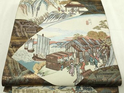 平和屋本店▼六通柄袋帯　九百錦　扇面東海道　24Ｋ純金箔　正絹　逸品　DABI4606sf
