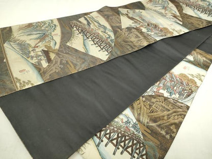 平和屋本店▼六通柄袋帯　九百錦　扇面東海道　24Ｋ純金箔　正絹　逸品　DABI4606sf