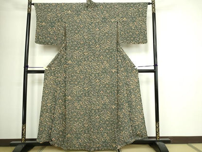 平和屋着物▽上質な小紋　単衣　草葉文　鬼しぼ縮緬　正絹　逸品　DABI4623sf