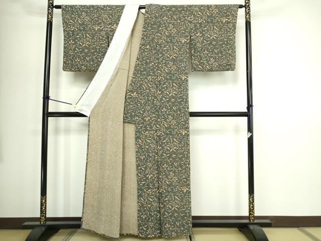 平和屋着物▽上質な小紋　単衣　草葉文　鬼しぼ縮緬　正絹　逸品　DABI4623sf