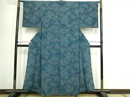 平和屋着物▽上質な小紋　単衣　草花文　鬼しぼ縮緬　正絹　逸品　DABI4624sf