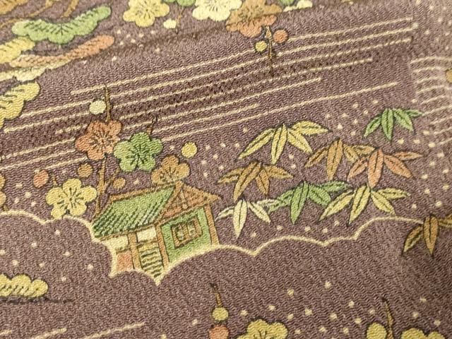 平和屋着物▽上質な小紋　単衣　風景文　松竹梅　鬼しぼ縮緬　正絹　逸品　DABI4633sf