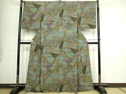平和屋着物▽上質な小紋　単衣　動物更紗花文　正絹　逸品　DABI4634sf