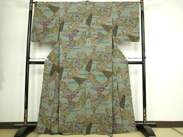 平和屋着物▽上質な小紋　単衣　動物更紗花文　正絹　逸品　DABI4634sf
