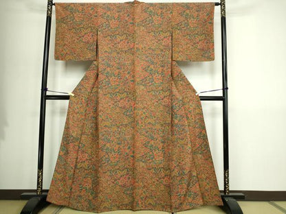 平和屋着物▽上質な小紋　単衣　更紗花文　正絹　逸品　DABI4636sf