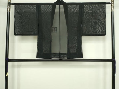 平和屋着物▽羽織　スリーシーズン　春夏秋　塵除け　ドロンワーク　草葉文　黒地　正絹　逸品　DABI4643sf