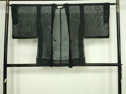 平和屋着物▽羽織　スリーシーズン　春夏秋　塵除け　笹竹文　黒地　正絹　逸品　DABI4644sf