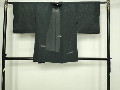 平和屋着物▽羽織　スリーシーズン　春夏秋　塵除け　流水草花文　黒地　正絹　逸品　DABI4649sf