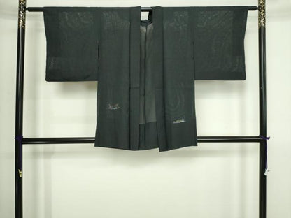 平和屋着物▽羽織　スリーシーズン　春夏秋　塵除け　流水草花文　黒地　正絹　逸品　DABI4649sf