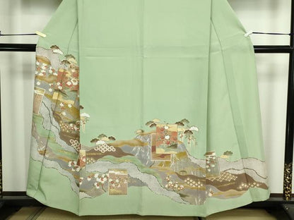平和屋着物▽豪華色留袖　単衣　駒刺繍　風景草花文　松竹梅　金彩　正絹　逸品　未使用　DABI4662sf