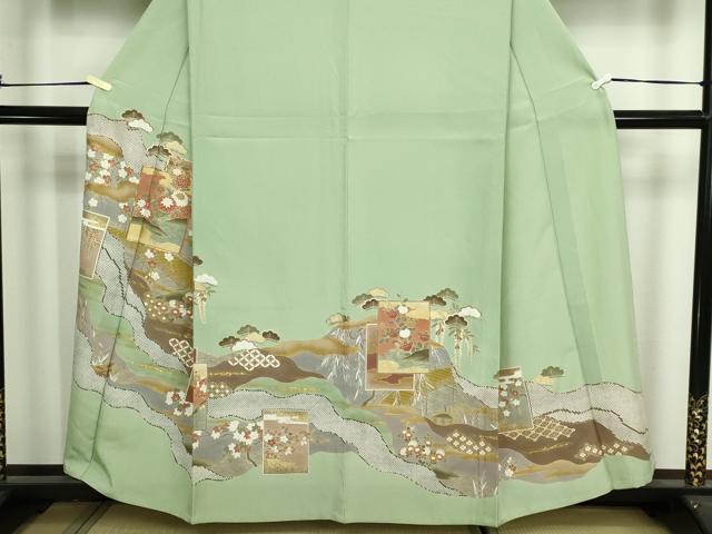 平和屋着物▽豪華色留袖　単衣　駒刺繍　風景草花文　松竹梅　金彩　正絹　逸品　未使用　DABI4662sf