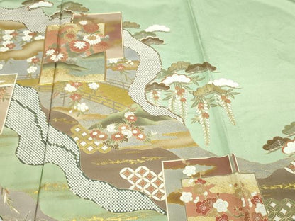 平和屋着物▽豪華色留袖　単衣　駒刺繍　風景草花文　松竹梅　金彩　正絹　逸品　未使用　DABI4662sf