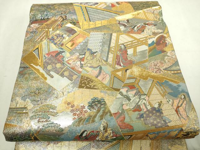 平和屋着物▼西陣　あさぎ　丸帯　平安稚祭札図　本金プラチナ箔　正絹　逸品　DABI4671sf