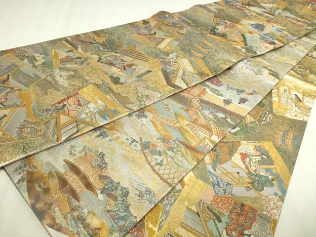 平和屋着物▼西陣　あさぎ　丸帯　平安稚祭札図　本金プラチナ箔　正絹　逸品　DABI4671sf