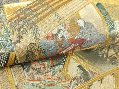 平和屋着物▼西陣　あさぎ　丸帯　平安稚祭札図　本金プラチナ箔　正絹　逸品　DABI4671sf