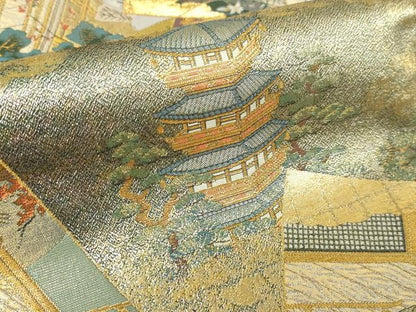平和屋着物▼西陣　あさぎ　丸帯　平安稚祭札図　本金プラチナ箔　正絹　逸品　DABI4671sf