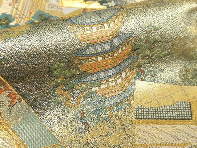 平和屋着物▼西陣　あさぎ　丸帯　平安稚祭札図　本金プラチナ箔　正絹　逸品　DABI4671sf