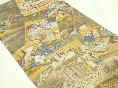 平和屋着物▼西陣　あさぎ　丸帯　平安稚祭札図　本金プラチナ箔　正絹　逸品　DABI4671sf
