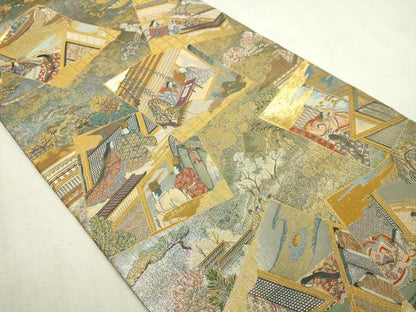 平和屋着物▼西陣　あさぎ　丸帯　平安稚祭札図　本金プラチナ箔　正絹　逸品　DABI4671sf