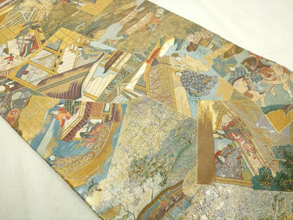 平和屋着物▼西陣　あさぎ　丸帯　平安稚祭札図　本金プラチナ箔　正絹　逸品　DABI4671sf