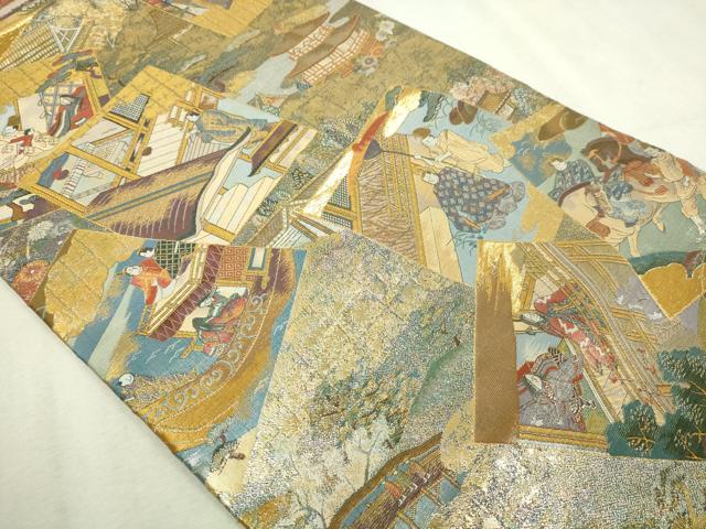 平和屋着物▼西陣　あさぎ　丸帯　平安稚祭札図　本金プラチナ箔　正絹　逸品　DABI4671sf