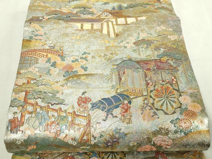 平和屋着物▼西陣　あさぎ　丸帯　平安稚祭札図　本金プラチナ箔　正絹　逸品　DABI4671sf