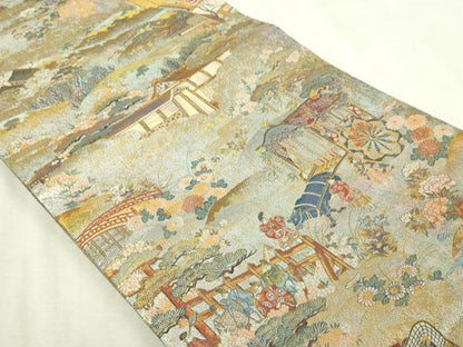 平和屋着物▼西陣　あさぎ　丸帯　平安稚祭札図　本金プラチナ箔　正絹　逸品　DABI4671sf