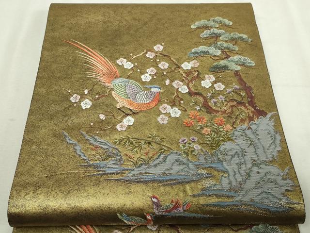 平和屋本店●六通柄袋帯　楽園瑞鳥絵文　本金箔　金泥箔　正絹　逸品　DABI4673sf