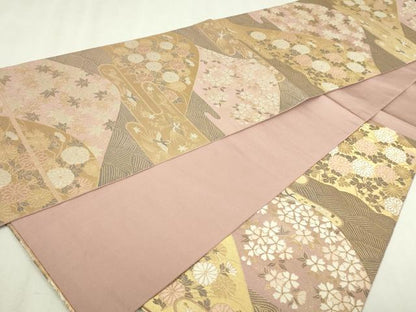 平和屋本店▼六通柄袋帯　山取四季花紋　純金箔　正絹　逸品　DABI4674sf