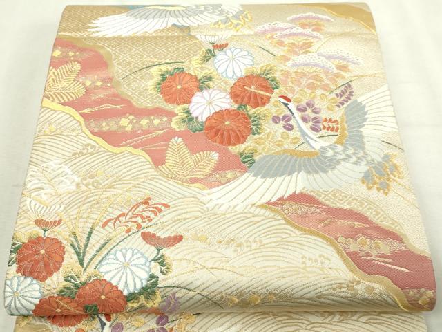 平和屋本店▼六通柄袋帯　道長取鶴文　前面純金箔24Ｋ使用　正絹　逸品　DABI4675sf