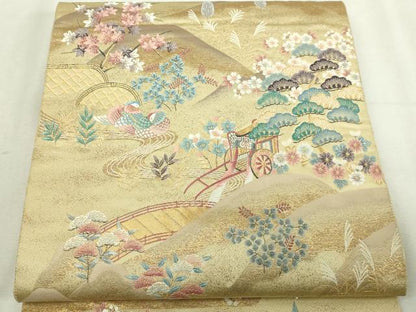 平和屋本店▼六通柄袋帯　九百錦　御所車花鳥文　純金箔　正絹　逸品　DABI4681sf