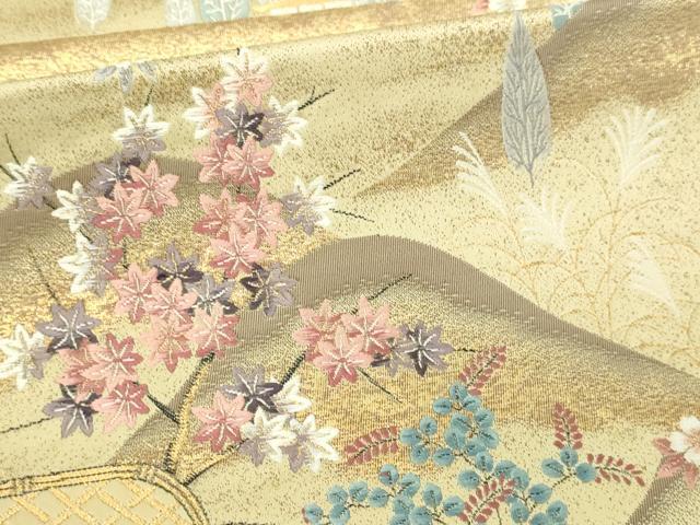 平和屋本店▼六通柄袋帯　九百錦　御所車花鳥文　純金箔　正絹　逸品　DABI4681sf