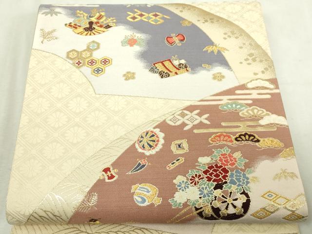 平和屋本店▼六通柄袋帯　柏寿錦　宝尽くし花文　純金二重箔　正絹　逸品　DABI4687sf