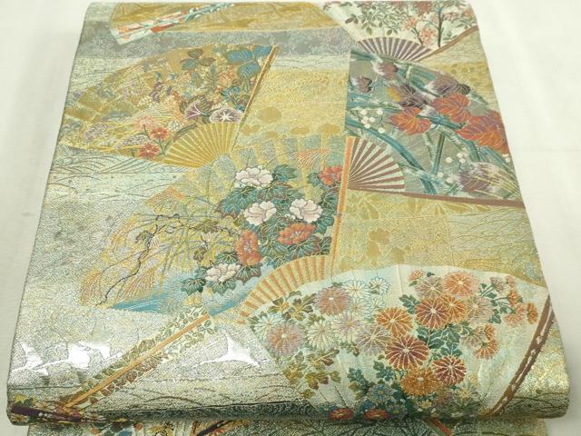 平和屋本店▼西陣あさぎ　両面　全通全景柄袋帯　琳派三十六華扇　24金プラチナ二重　正絹　逸品DABI4692sf
