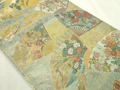 平和屋本店▼西陣あさぎ　両面　全通全景柄袋帯　琳派三十六華扇　24金プラチナ二重　正絹　逸品DABI4692sf