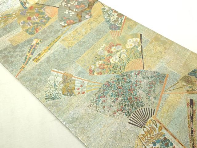 平和屋本店▼西陣あさぎ　両面　全通全景柄袋帯　琳派三十六華扇　24金プラチナ二重　正絹　逸品DABI4692sf