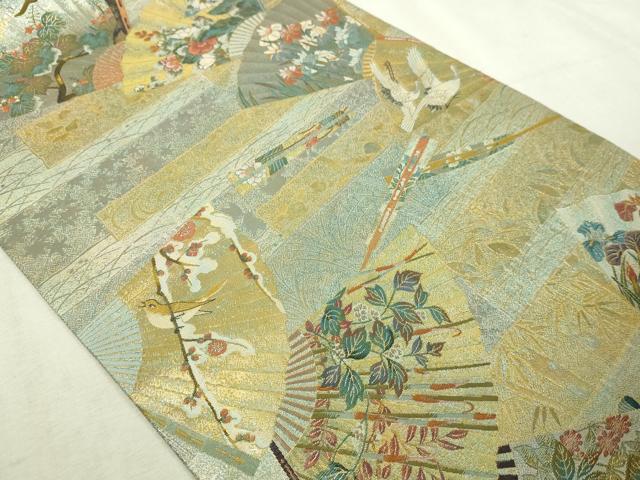 平和屋本店▼西陣あさぎ　両面　全通全景柄袋帯　琳派三十六華扇　24金プラチナ二重　正絹　逸品DABI4692sf