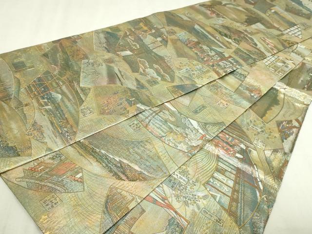 平和屋本店▼西陣あさぎ　丸帯　廣重　名所大江戸百景　二十四金プラチナ二重箔　正絹　逸品　DABI4693sf