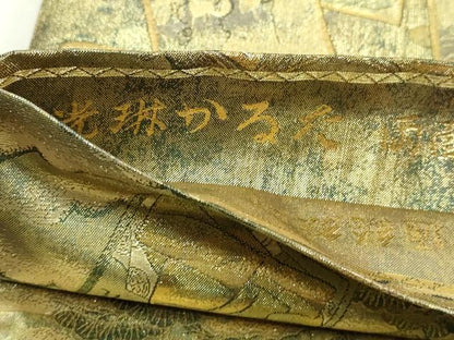 平和屋本店▼西陣あさぎ　両面　全通全景柄袋帯　光琳かるた　二十四金プラチナ二重箔　分析通知書付き　正絹　逸品　DABI4695sf