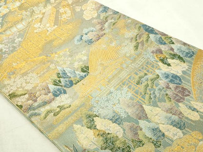 平和屋本店▼六通柄袋帯　世界文化遺産指定　三連作　風花草花文　本金箔　正絹　逸品　DABI4704sf