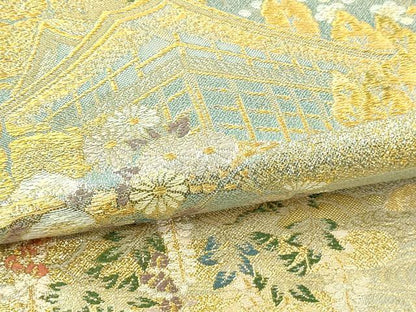 平和屋本店▼六通柄袋帯　世界文化遺産指定　三連作　風花草花文　本金箔　正絹　逸品　DABI4704sf