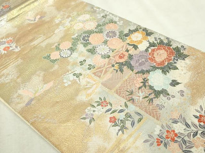 平和屋本店▼六通柄袋帯　唐織　花鳥文　本金箔　秀鳳箔　正絹　逸品　DABI4711sf