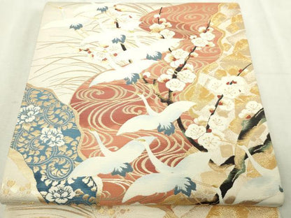 平和屋本店▼六通柄袋帯　飛鶴枝梅文　純金　正絹　逸品　DABI4715sf